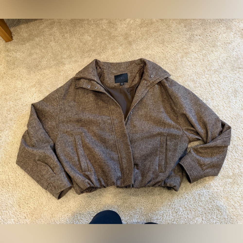 Zara Brown Herringbone Bomber Jacket